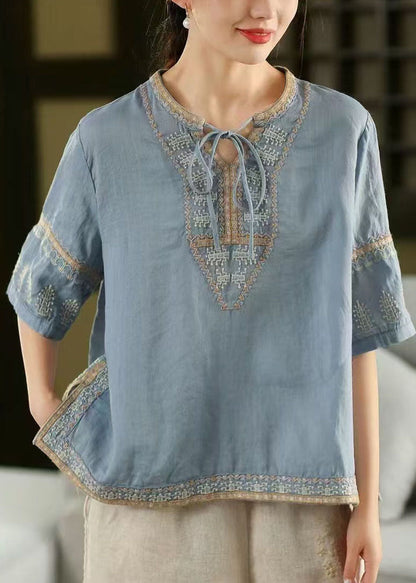 Half Side Top Open Embroidered Blue Sleeve Stylish Linen