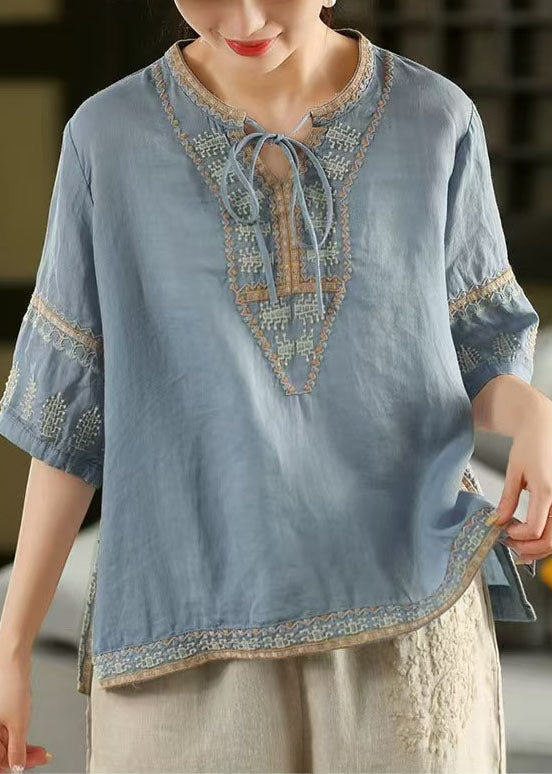 Half Side Top Open Embroidered Blue Sleeve Stylish Linen