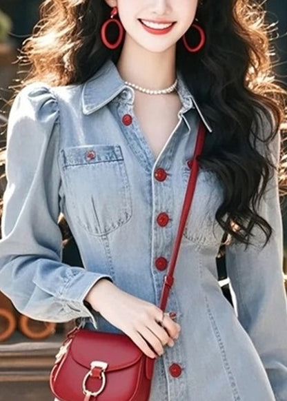 Pan Collar Blue Mini Peter Ruffled Patchwork Stylish Denim