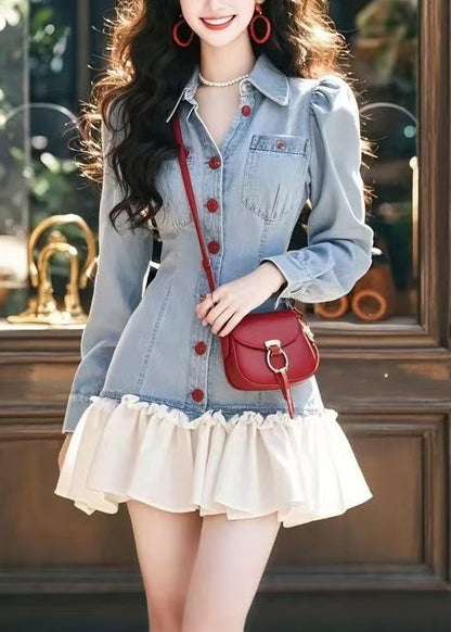 Pan Collar Blue Mini Peter Ruffled Patchwork Stylish Denim