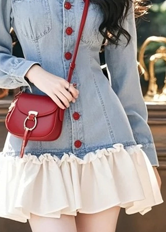 Pan Collar Blue Mini Peter Ruffled Patchwork Stylish Denim