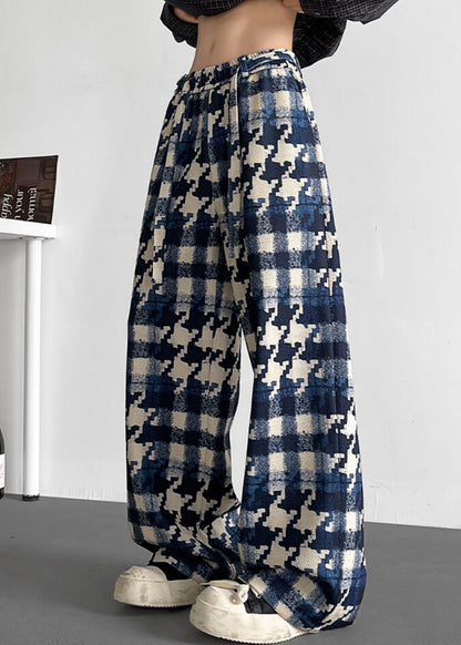 Elastic Waist Mens Cotton Plaid Stylish Fall Pants Blue