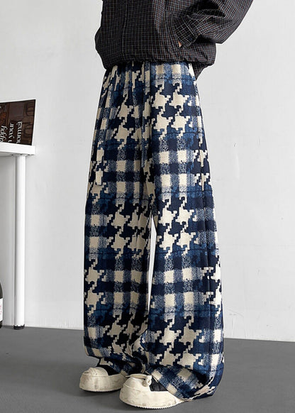 Elastic Waist Mens Cotton Plaid Stylish Fall Pants Blue