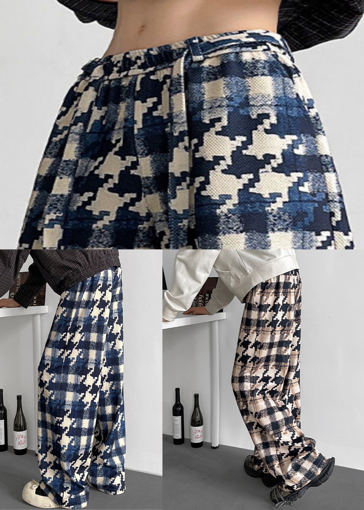 Elastic Waist Mens Cotton Plaid Stylish Fall Pants Blue