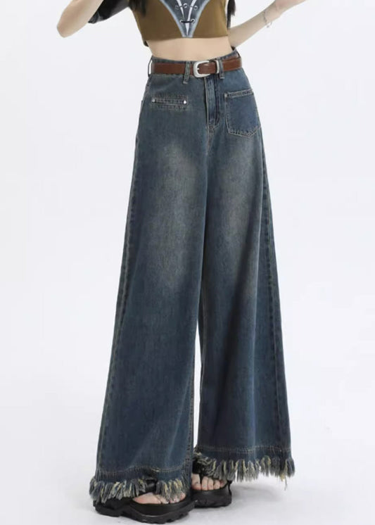 Pantalon en jean taille haute avec poches bleues élégantes pour l'été PP015