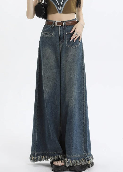 Pantalon en jean taille haute avec poches bleues élégantes pour l'été PP015