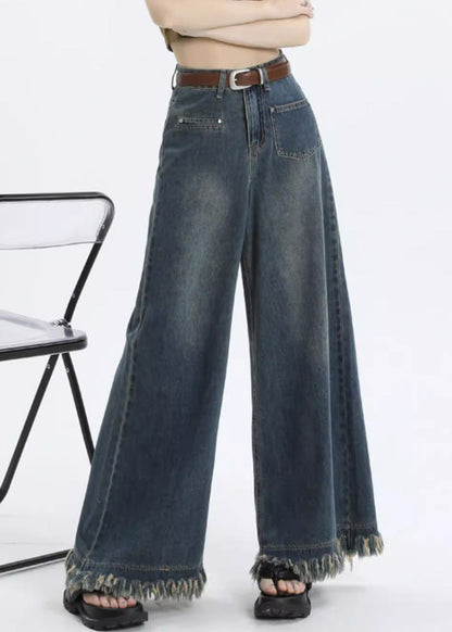 Pantalon en jean taille haute avec poches bleues élégantes pour l'été PP015