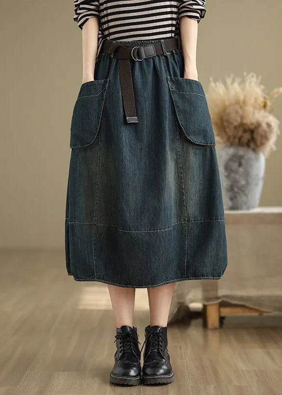 Blue Denim Elastic Skirts Stylish Waist Maxi Patchwork Pockets