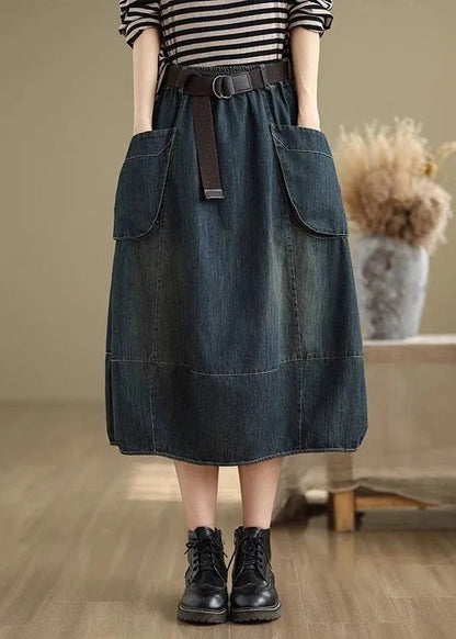 Blue Denim Elastic Skirts Stylish Waist Maxi Patchwork Pockets