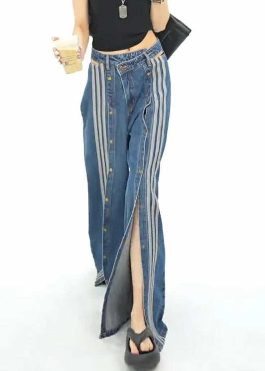 Spring Wide Stylish Pants Leg Open Side Denim Blue Pockets