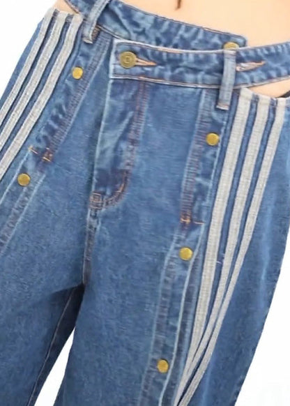 Spring Wide Stylish Pants Leg Open Side Denim Blue Pockets