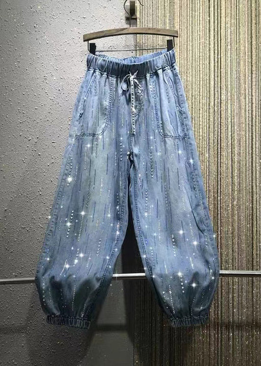 Pantalon en jean bleu élégant avec poches et taille élastique en zircon pour l'été BV078