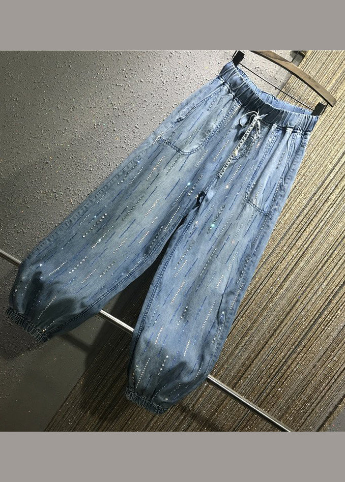 Pantalon en jean bleu élégant avec poches et taille élastique en zircon pour l'été BV078