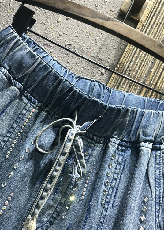 Pantalon en jean bleu élégant avec poches et taille élastique en zircon pour l'été BV078