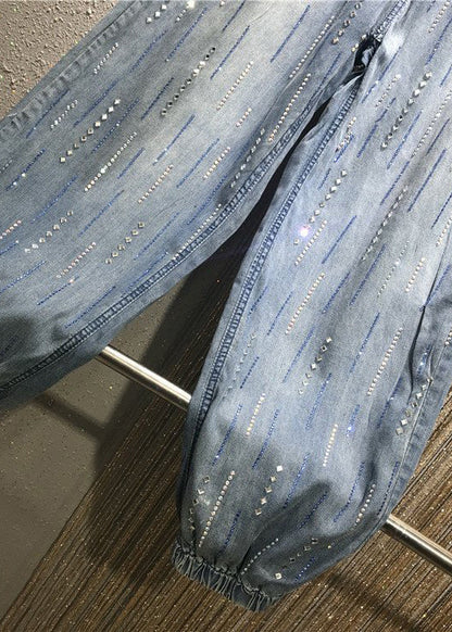 Pantalon en jean bleu élégant avec poches et taille élastique en zircon pour l'été BV078