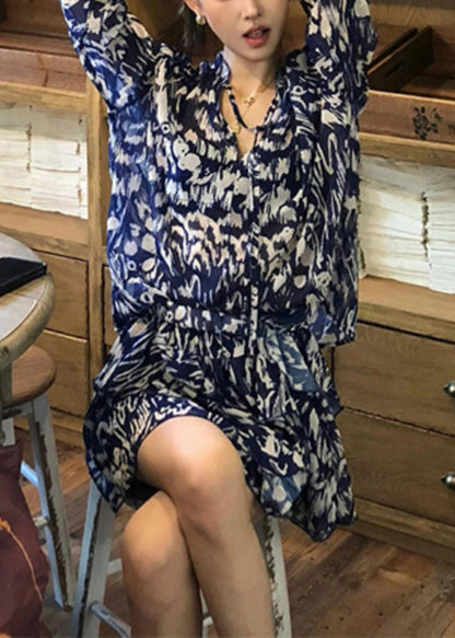 Cotton Two Stylish Blue Summer Print Pieces And Set Shirts Skirts