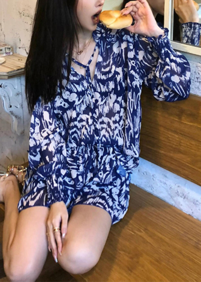 Cotton Two Stylish Blue Summer Print Pieces And Set Shirts Skirts