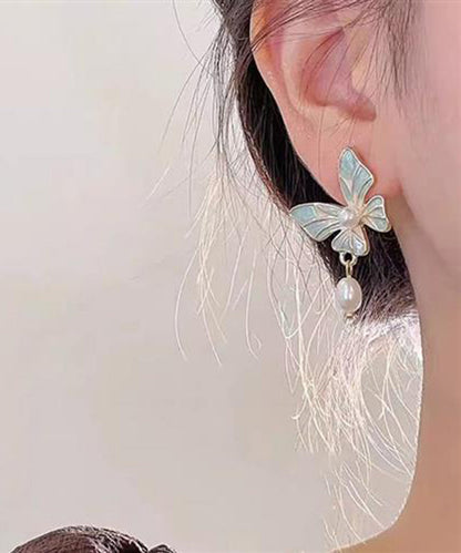 Stylish Blue Sterling Silver Overgild Pearl Butterfly Enamel Drop Earrings WH030