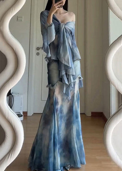 Dye Set Pieces Stylish Patchwork Tulle Tie Two Flare Up Lace Blue