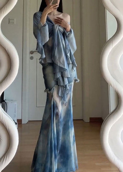 Dye Set Pieces Stylish Patchwork Tulle Tie Two Flare Up Lace Blue