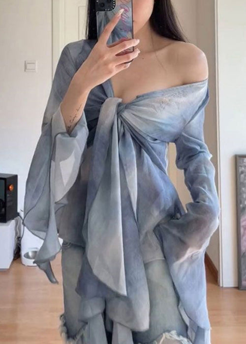 Dye Set Pieces Stylish Patchwork Tulle Tie Two Flare Up Lace Blue