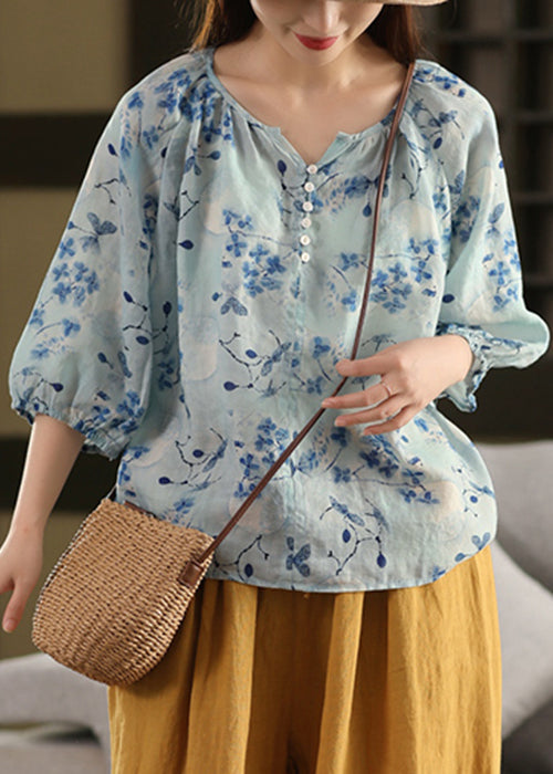 Shirts Neck Print Stylish Bracelet Linen V Blue Sleeve