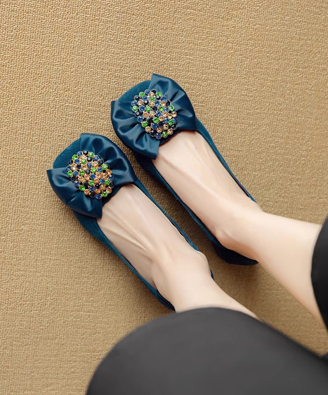 Suede Stylish Loafers Splicing Zircon Blue Penny Chunky Bow