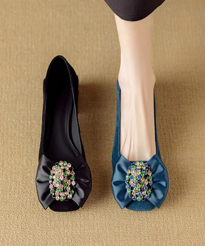 Suede Stylish Loafers Splicing Zircon Blue Penny Chunky Bow