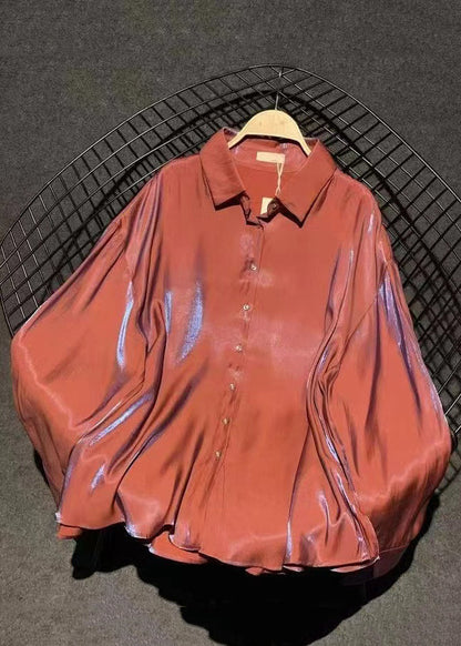 Red Button Collar Fall Pan Stylish Silk Peter Shirts Brick
