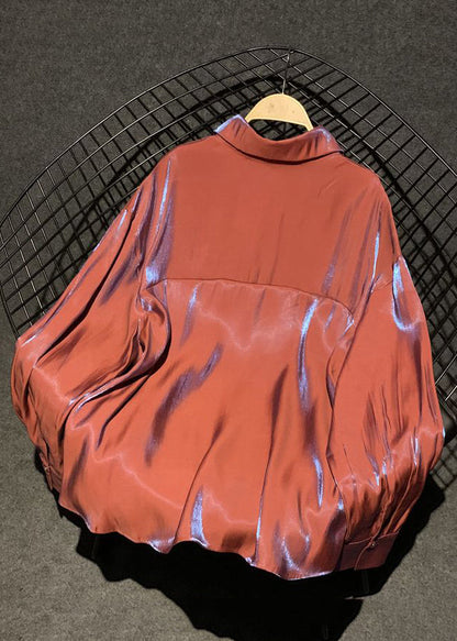 Red Button Collar Fall Pan Stylish Silk Peter Shirts Brick