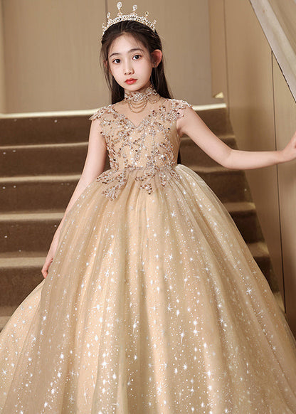Stylish Brown Sequins Hollow Out Tulle Girls Vacation Long Dresses Sleeveless YG020