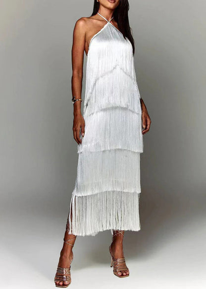 Dress Silk Summer Brown Stylish Halter Tasseled Backless