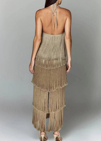 Dress Silk Summer Brown Stylish Halter Tasseled Backless