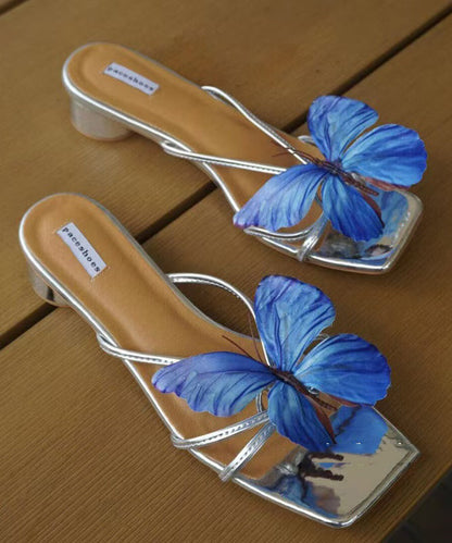 Leather Blue Faux Slide Sandals Splicing Stylish Chunky Butterfly