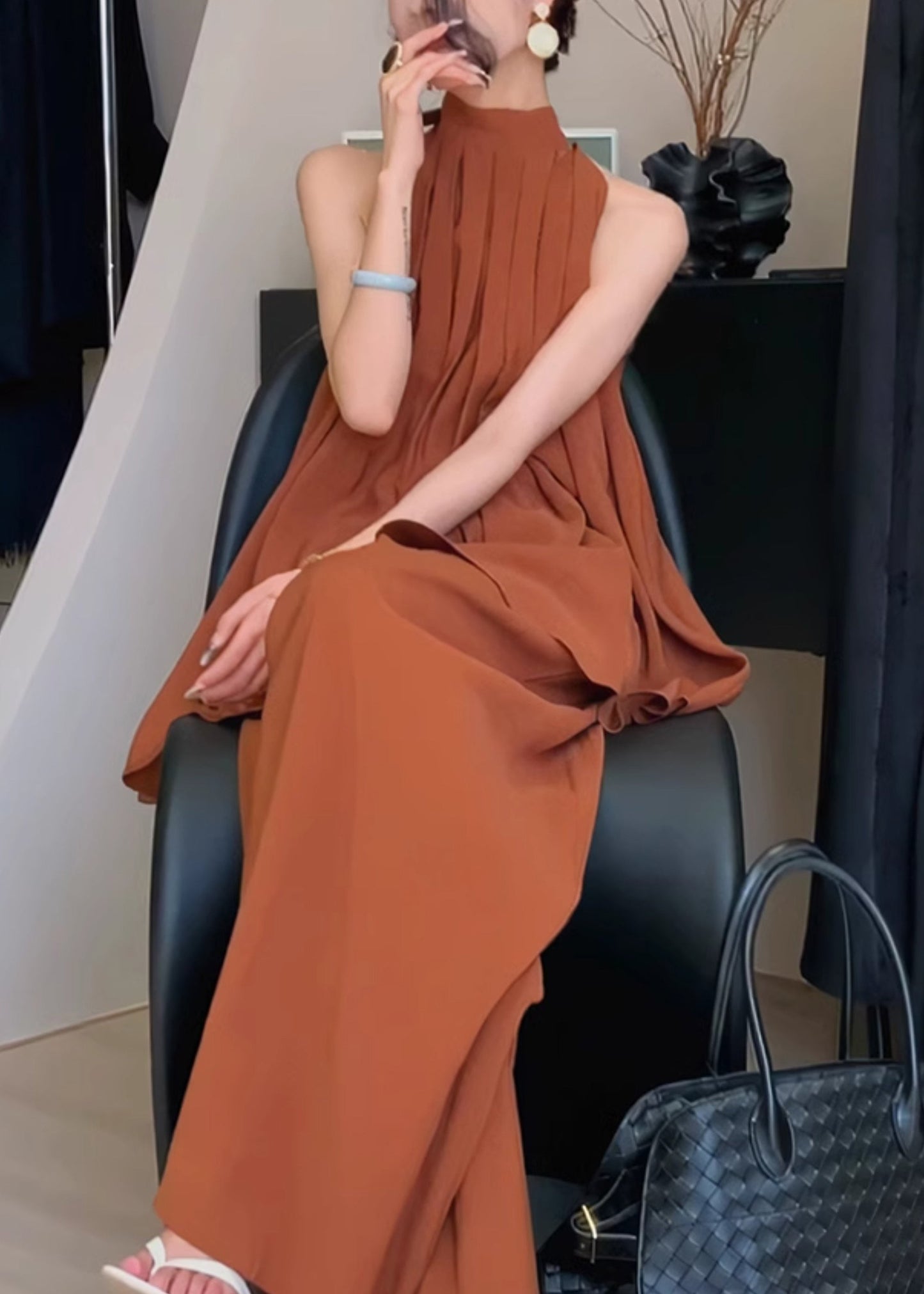Wrinkled Chiffon Stand Caramel Stylish Set Two Pieces Collar