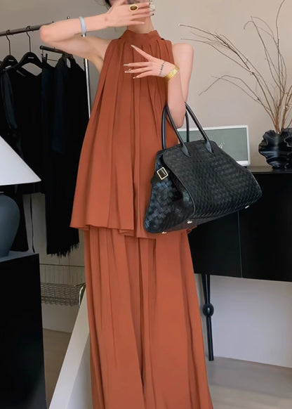 Wrinkled Chiffon Stand Caramel Stylish Set Two Pieces Collar