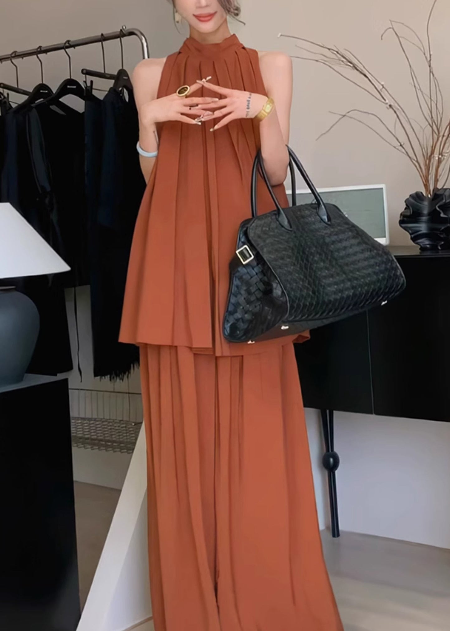 Wrinkled Chiffon Stand Caramel Stylish Set Two Pieces Collar