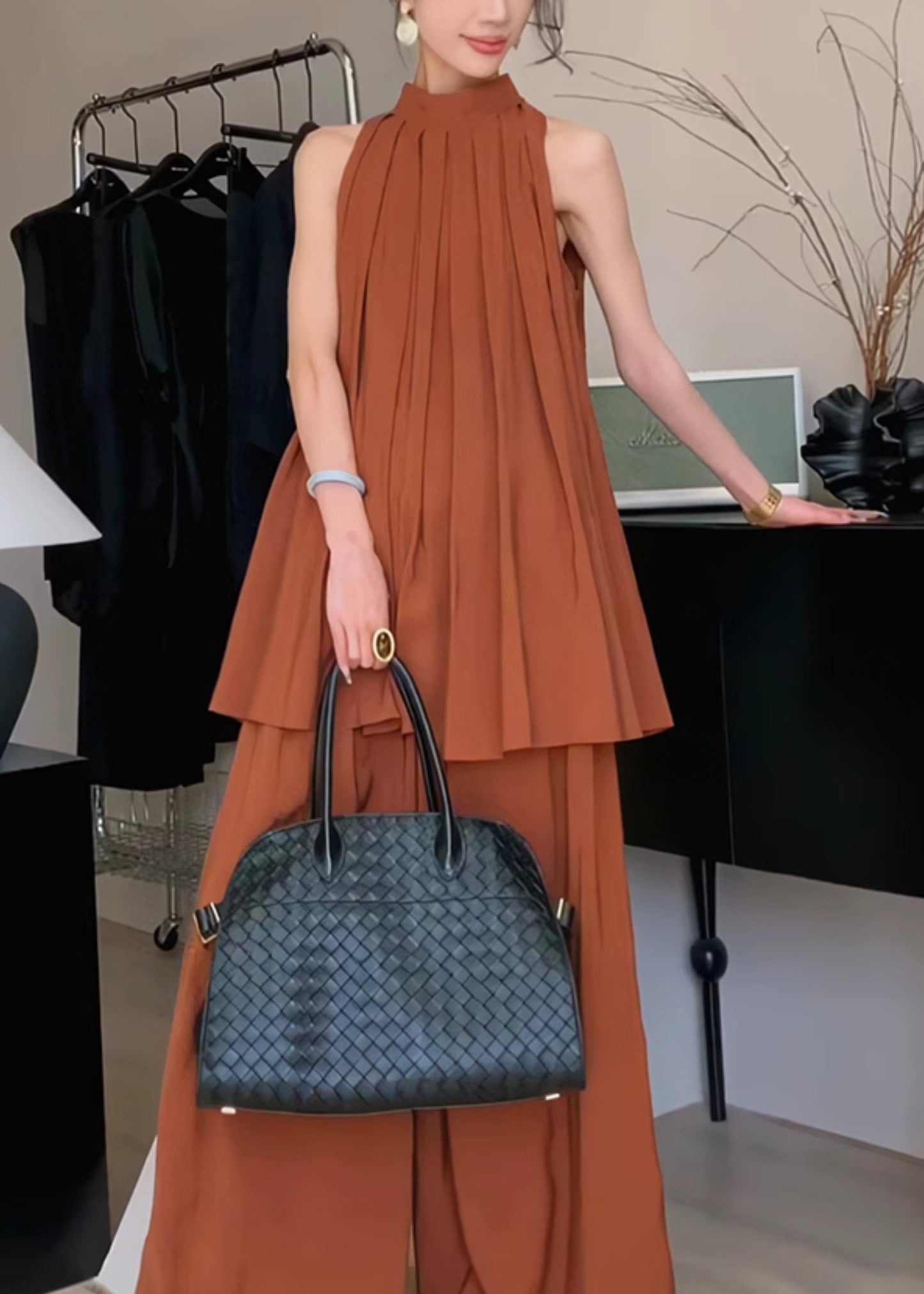 Wrinkled Chiffon Stand Caramel Stylish Set Two Pieces Collar