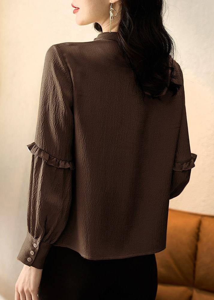 Stylish Chocolate O-Neck Ruffled Patchwork Shirt Spring TE027