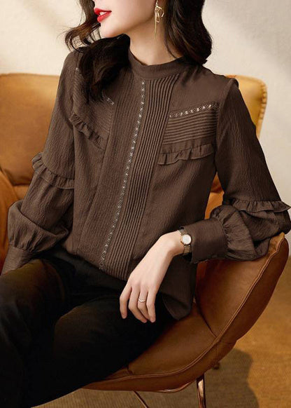 Stylish Chocolate O-Neck Ruffled Patchwork Shirt Spring TE027