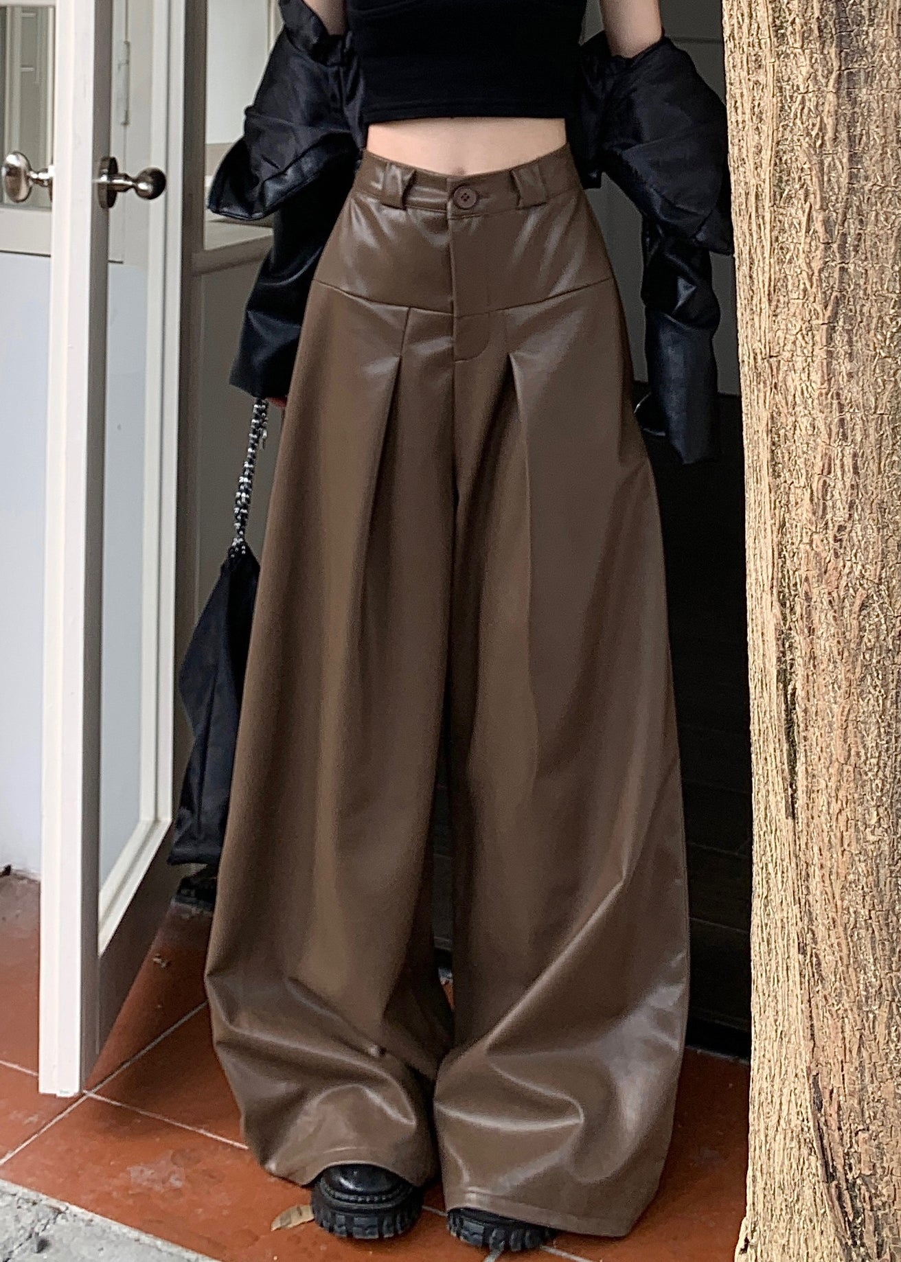 Pantalon en similicuir taille haute à boutons de café élégant Automne PP031