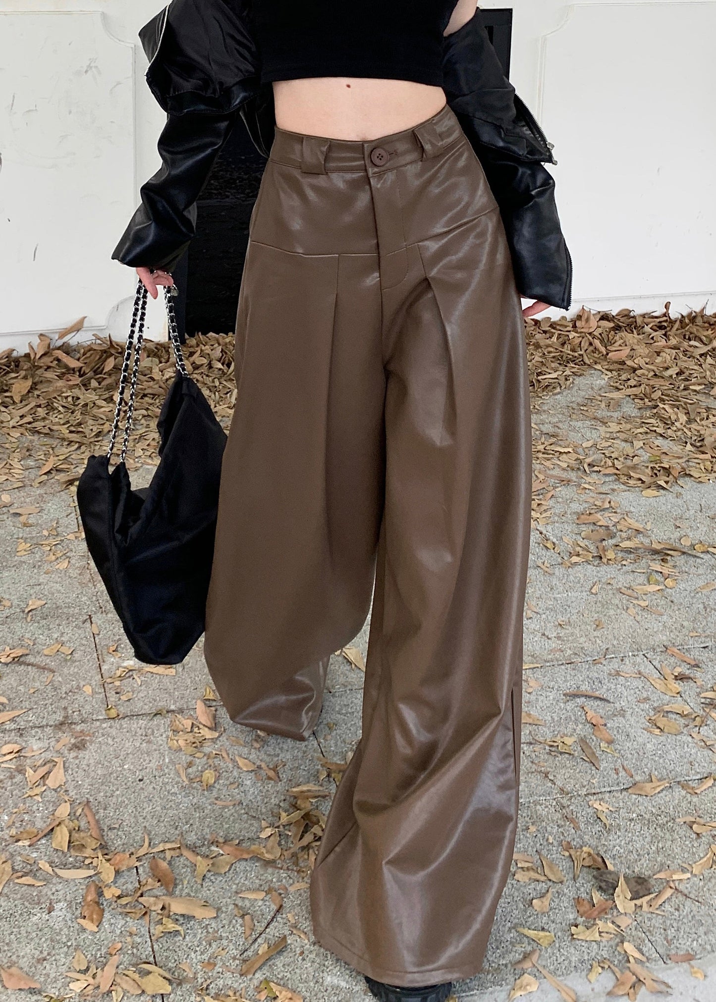 Pantalon en similicuir taille haute à boutons de café élégant Automne PP031