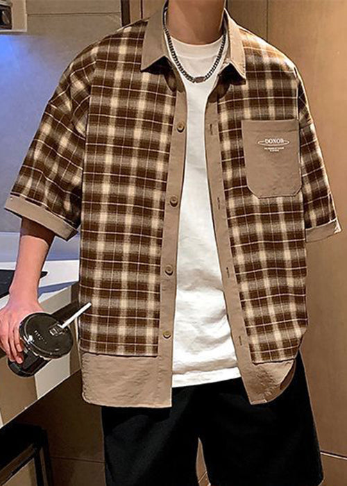 Button Stylish Men Plaid Coffee Summer Cotton Shirts