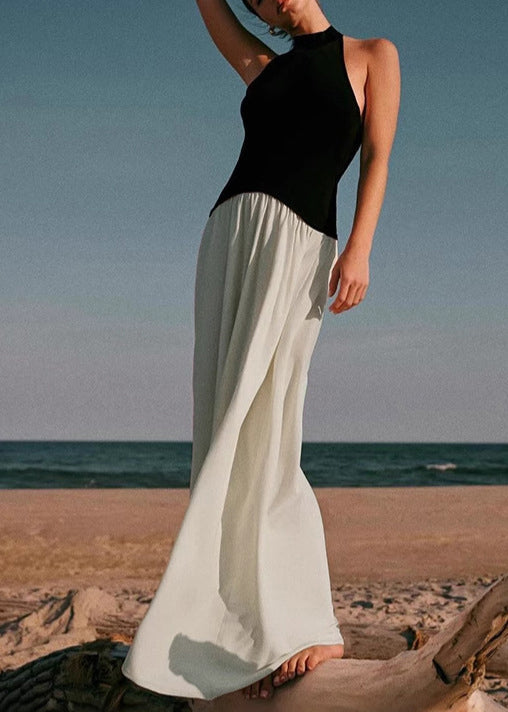 Backless Sleeveless Dress Cotton Colorblock Long Stylish