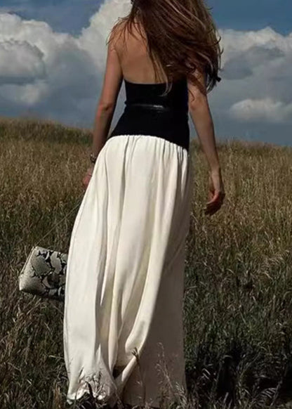 Backless Sleeveless Dress Cotton Colorblock Long Stylish