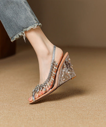 Wedge Cowhide Heels Leather Sequins Splicing Apricot Stylish