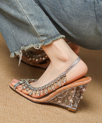 Wedge Cowhide Heels Leather Sequins Splicing Apricot Stylish