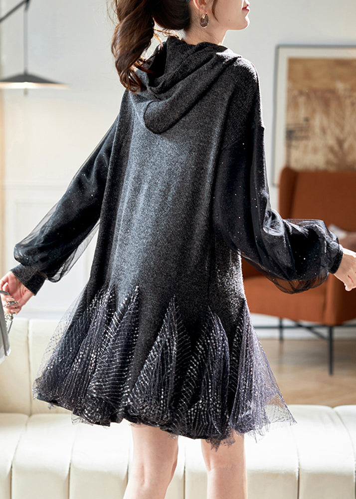 Stylish Dark Grey Hooded Tulle Patchwork Knit Dresses Spring RL023