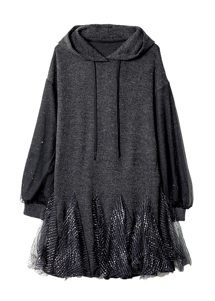 Stylish Dark Grey Hooded Tulle Patchwork Knit Dresses Spring RL023