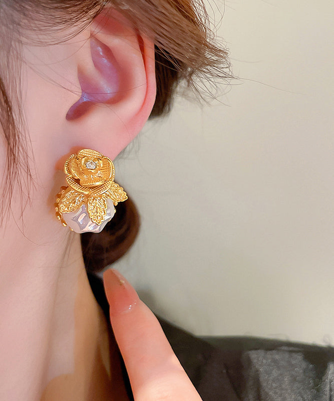 Stylish Gold Alloy Zircon Floral Pearl Stud Earrings WQ001